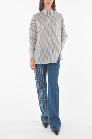 Silk-blend Shirt in Awning Stripe Pattern with Beaded Detaling