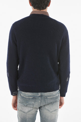 Crewneck Sweater with Distressed Patches 