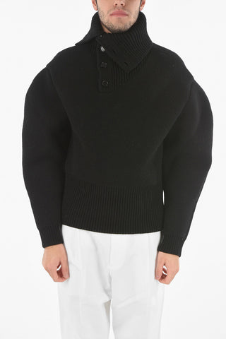 Maglione In Lana DOUBLE FACE SHETLAND con Collo Alto Abbottonato