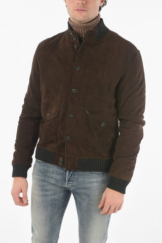 Suede Leather Padded Jacket with Raw Cut Trimmings