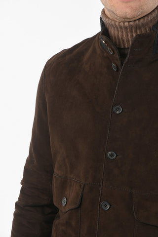 Suede Leather Padded Jacket with Raw Cut Trimmings