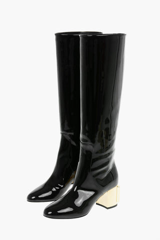 Polished Leather VALLY Pull-on Knee-high Boots with Contrasting Logoed Heel 6,5cm
