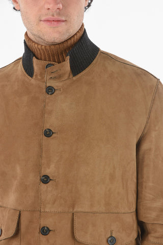 Suede Padded Jacket with Raw Cut Trimmings