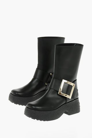 Platform Sole Leather Boots With Buckle