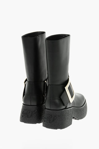 Platform Sole Leather Boots With Buckle