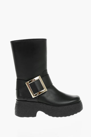 Platform Sole Leather Boots With Buckle