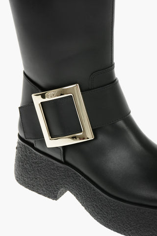 Platform Sole Leather Boots With Buckle