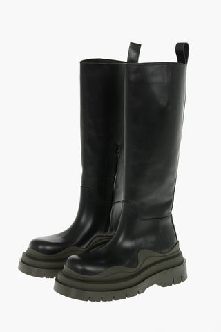 Leather TIRE Knee-high Boots with Contrasting Lug Sole
