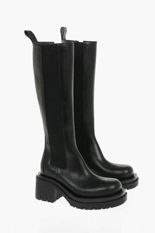 Leather Knee-high Chelsea Boots with Lug Sole 8cm