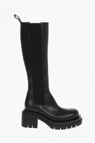 Leather Knee-high Chelsea Boots with Lug Sole 8cm