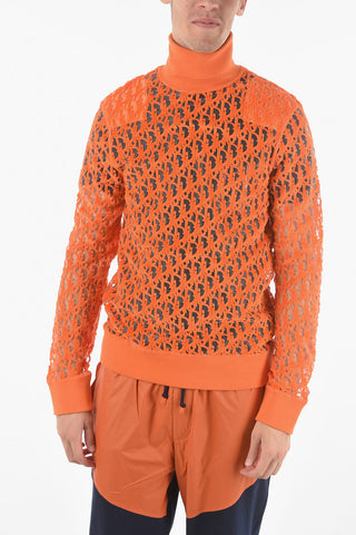 Turtleneck Cuffed Monogram Mesh Sweater