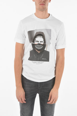 Crew-neck SCULPTED WARRIORS T-shirt with MARBLE VIGILANTE Print and Cuffed Sleeves