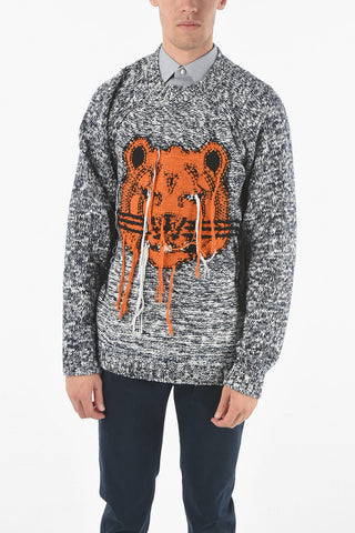 Crew Neck Distressed Embroidery K-TIGER Sweater