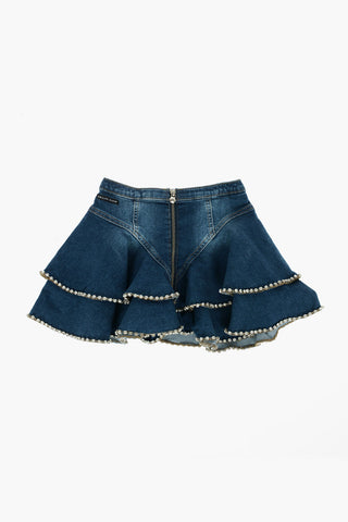 rhinestone embellished stretch denim flared skirt