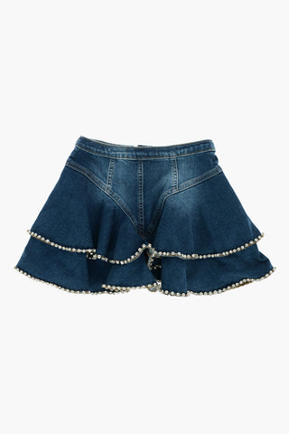 rhinestone embellished stretch denim flared skirt