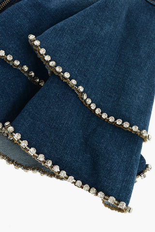 rhinestone embellished stretch denim flared skirt