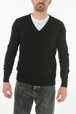 V-neck Cashmere Sweater With Embroidered Logo