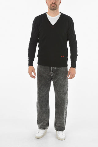 V-neck Cashmere Sweater With Embroidered Logo