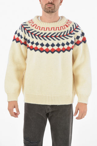 Crew Neck Geometric Embroidery Wool Pullover