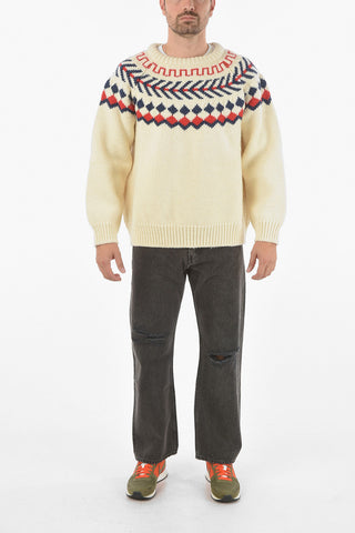 Crew Neck Geometric Embroidery Wool Pullover