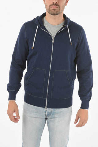 Front Zipped Cotton Hoodie with Visible Stitchings
