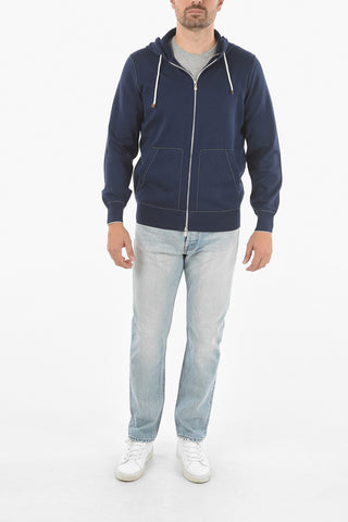 Front Zipped Cotton Hoodie with Visible Stitchings