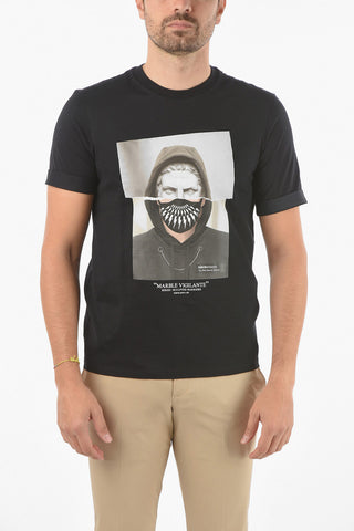 Printed SCULPTED WARRIORS SERIES Crew-Neck T-shirt with Cuffed Short Sleeves
