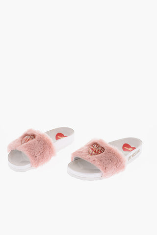 LOVE Faux Fur BIRKI30 Sandals with Golden Heart and Jewelry