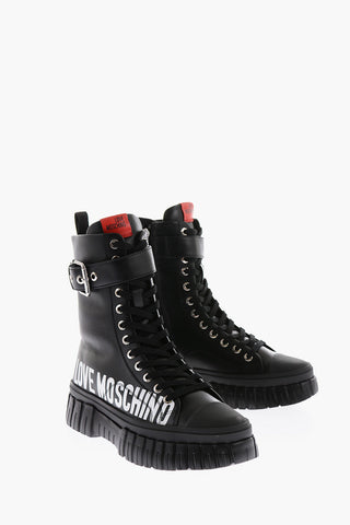 LOVE Leather Side Logo-Printed Combat Boots with Buckle Contrasting