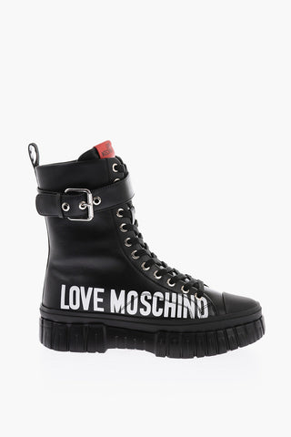 LOVE Leather Side Logo-Printed Combat Boots with Buckle Contrasting