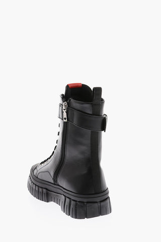LOVE Leather Side Logo-Printed Combat Boots with Buckle Contrasting