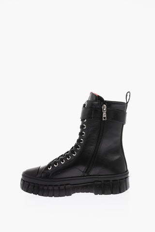 LOVE Leather Side Logo-Printed Combat Boots with Buckle Contrasting