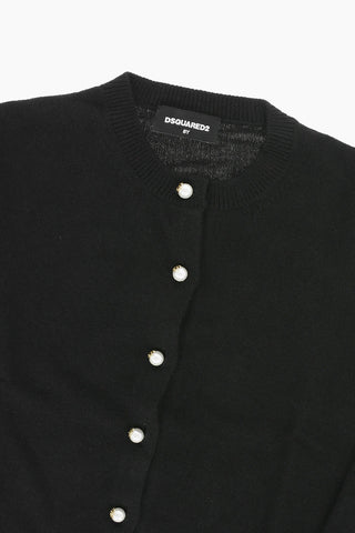 Cardigan Girocollo con Bottoni Perlati e Logo Dorato