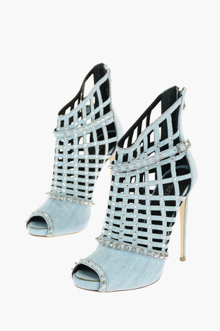12,5cm Denim Open Toe Cut Out Ankle Boots with Studded