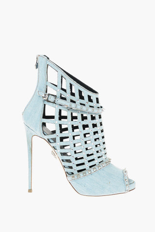 12,5cm Denim Open Toe Cut Out Ankle Boots with Studded