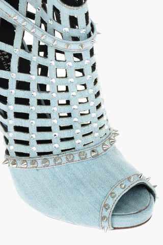 12,5cm Denim Open Toe Cut Out Ankle Boots with Studded