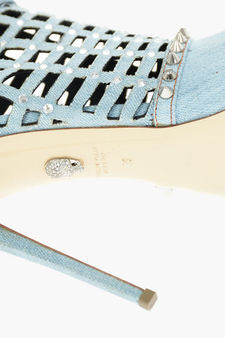12,5cm Denim Open Toe Cut Out Ankle Boots with Studded