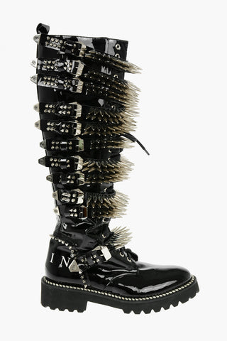 4,5cm Studded and Buckles Lace Up Boots
