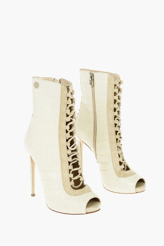 11,5cm Leather Crocodile Effect Open Toe Lace-Up Boots with Studs Detail on the Back