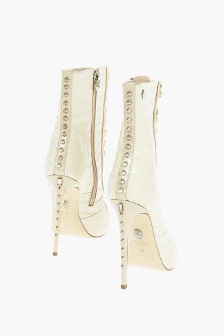 11,5cm Leather Crocodile Effect Open Toe Lace-Up Boots with Studs Detail on the Back