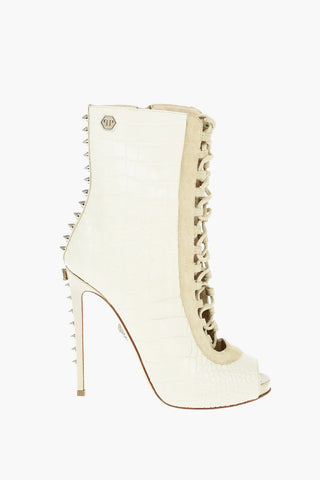 11,5cm Leather Crocodile Effect Open Toe Lace-Up Boots with Studs Detail on the Back