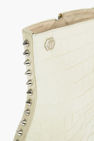 11,5cm Leather Crocodile Effect Open Toe Lace-Up Boots with Studs Detail on the Back