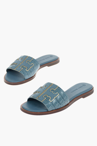 Crocodile Effect Leather Slippers with Lurex Details