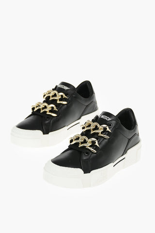LOVE Contrasting Sole Leather TEXTURE50 Low-Top Sneakers with Embellished Chain