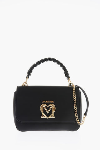 LOVE Faux Leather Bag with Braided Handle and Embellished Golden Chain