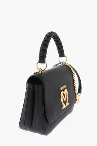 LOVE Faux Leather Bag with Braided Handle and Embellished Golden Chain