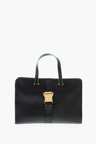 LOVE  Faux Leather SAFETY Tote Bag with Golden Buckle and Contrasting Finishes