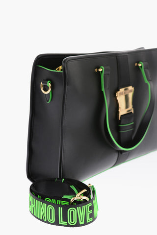 LOVE  Faux Leather SAFETY Tote Bag with Golden Buckle and Contrasting Finishes
