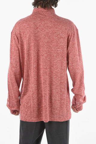 Polo Neck Long-sleeved Flax Sweater with Front Buttoning
