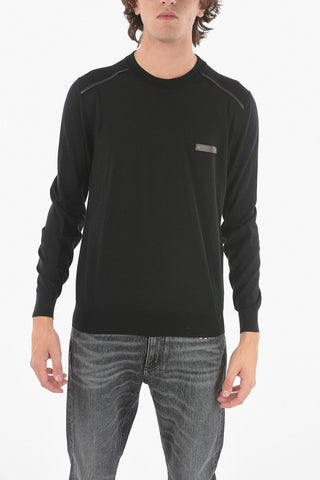 Crewneck Wool Sweater With Leather Details